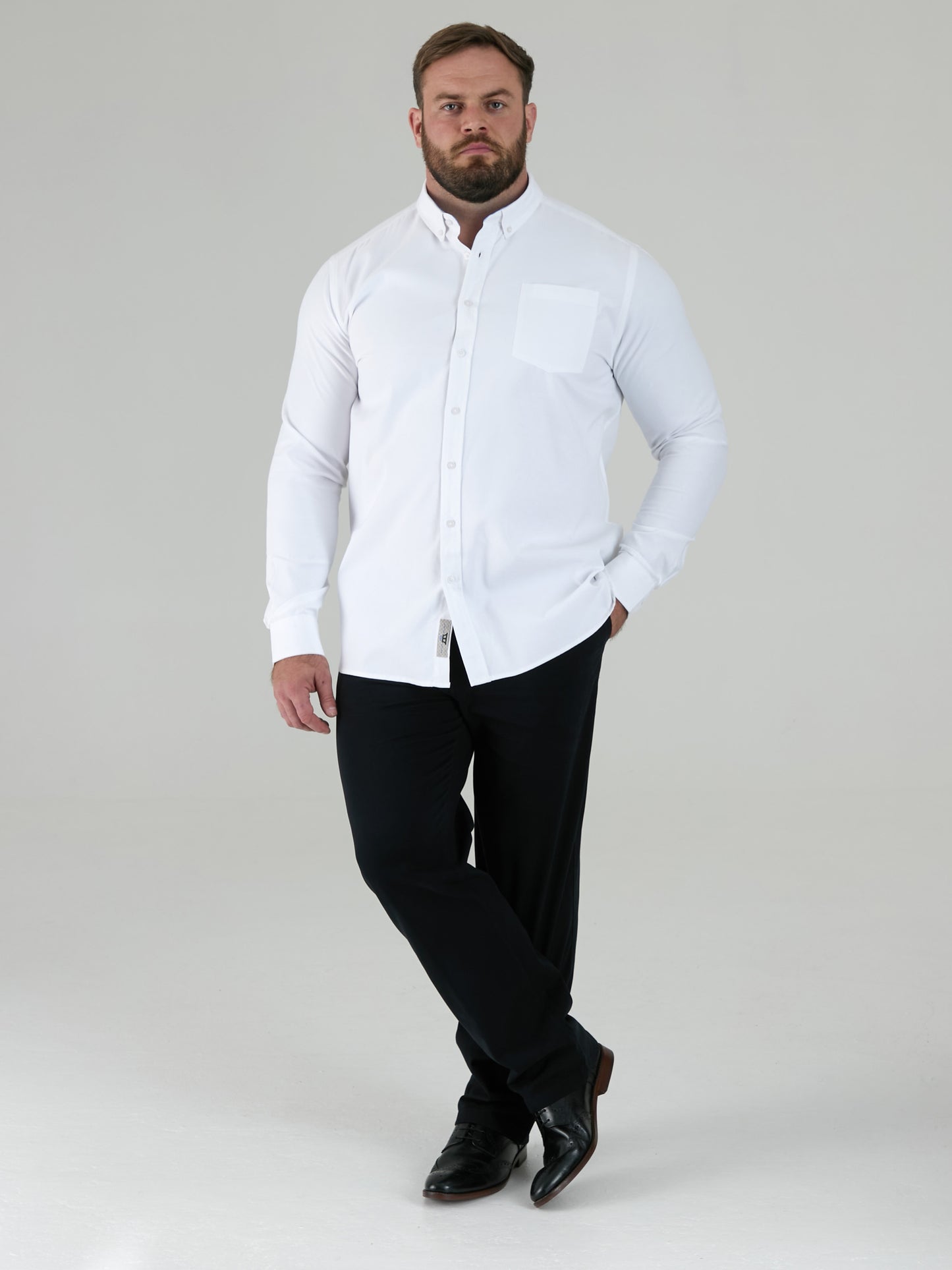 RICHARD -D555 White Classic Oxford Long Sleeve Button Down Shirt with Pocket