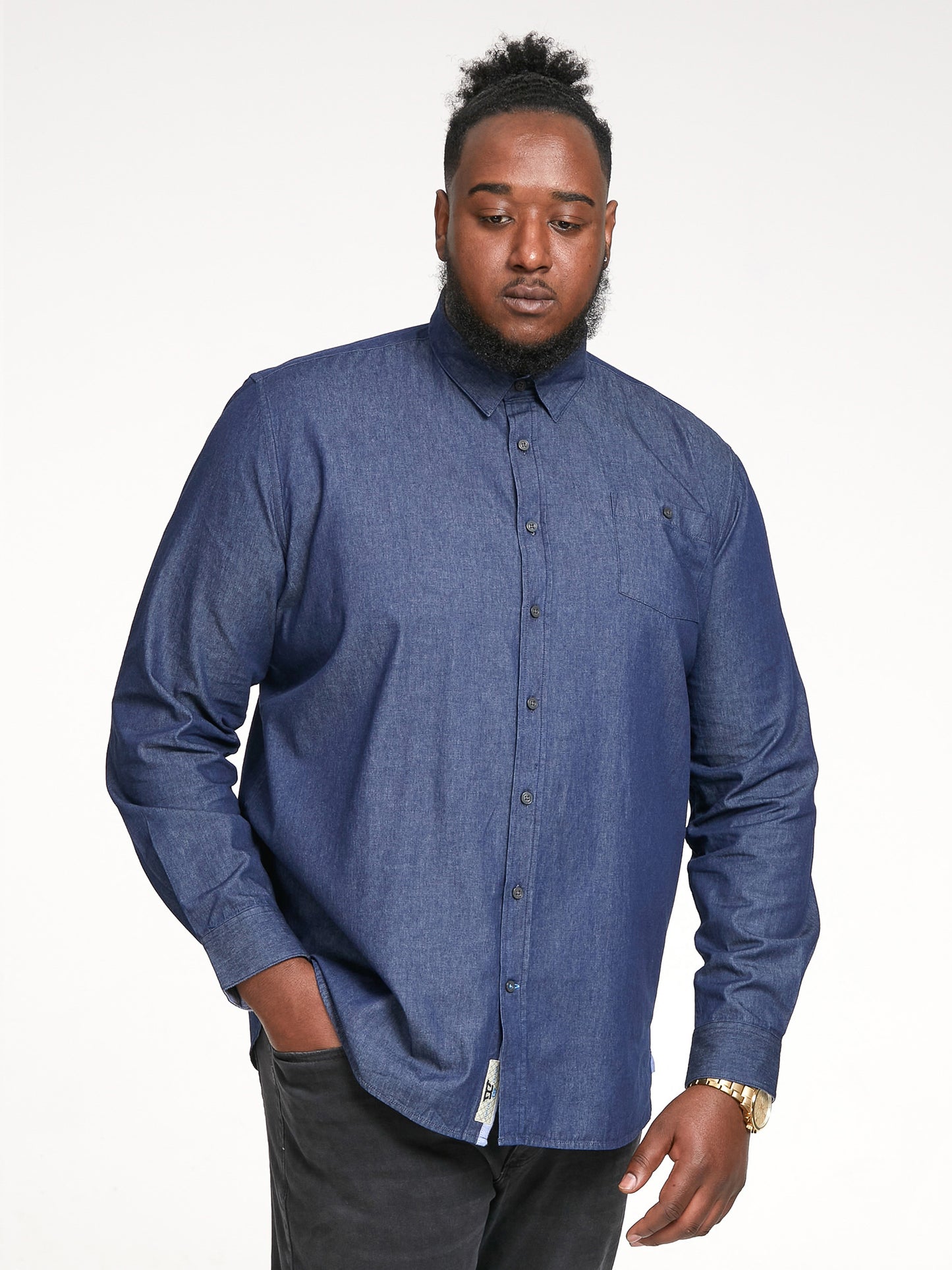 JACOB -D555 Navy Blue Long Sleeve Denim Shirt with Concealed Button Down Collar