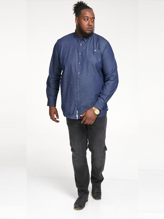 JACOB -D555 Navy Blue Long Sleeve Denim Shirt with Concealed Button Down Collar