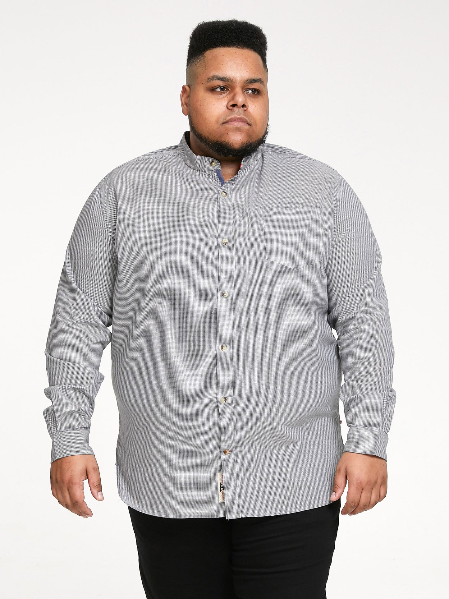 JERRY -D555 Charcoal White Check Long Sleeve Micro Dogtooth Check Grandad Shirt