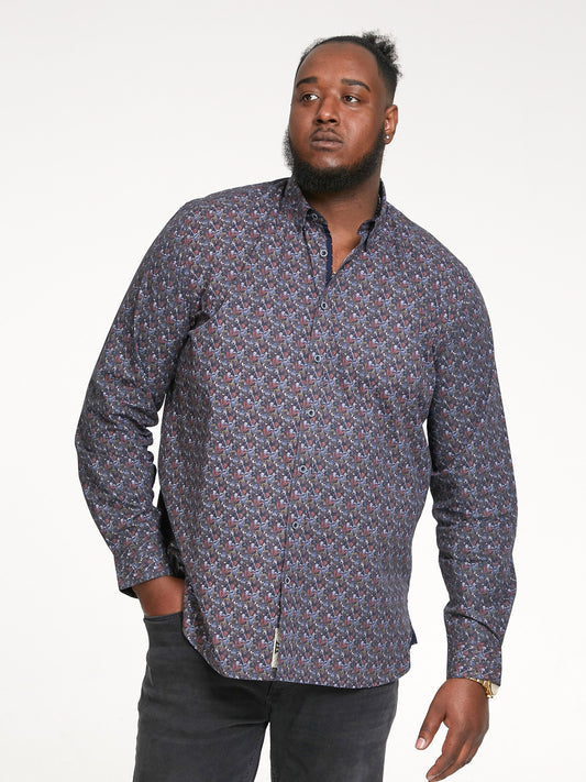 JORDAN -D555 Navy Blue Long Sleeve All Over Floral Print Shirt