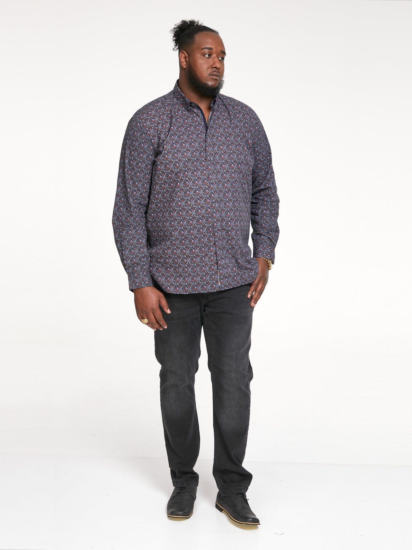 JORDAN -D555 Navy Blue Long Sleeve All Over Floral Print Shirt