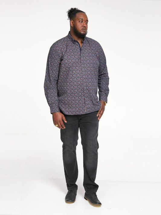 JORDAN -D555 Navy Blue Long Sleeve All Over Floral Print Shirt