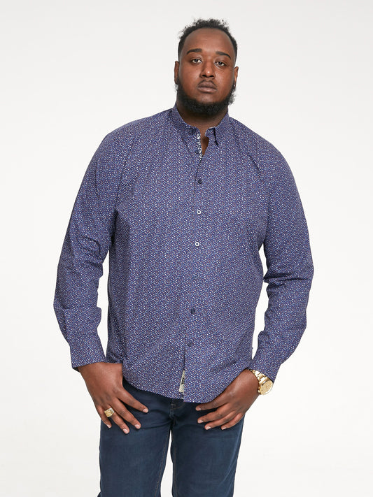 VALENCE -D555 Navy Blue Long Sleeve Print Concealed Button Down Collar Shirt
