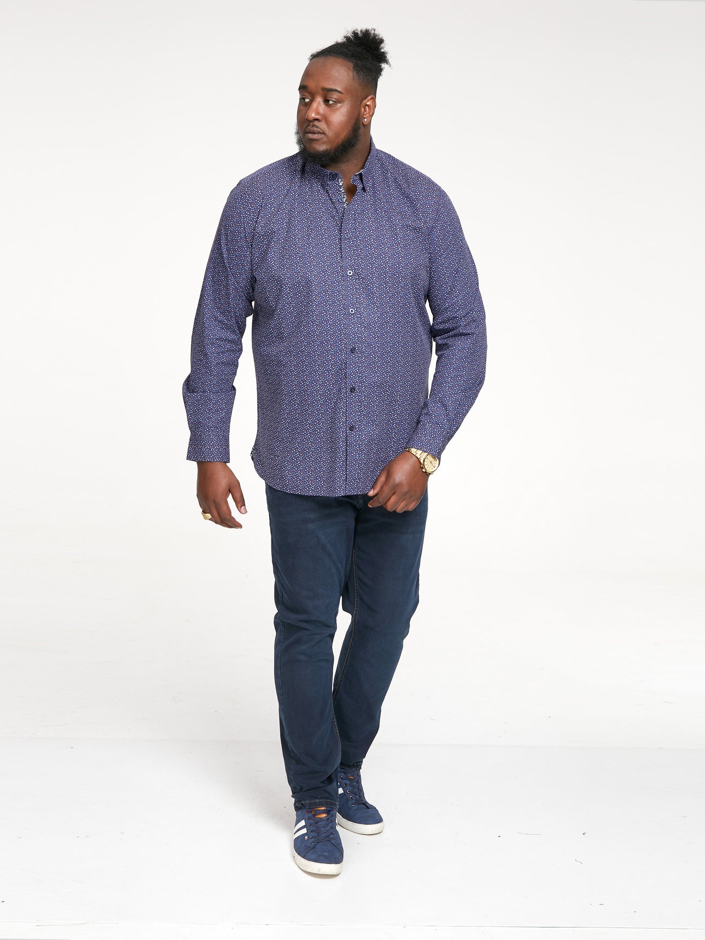 VALENCE -D555 Navy Blue Long Sleeve Print Concealed Button Down Collar Shirt