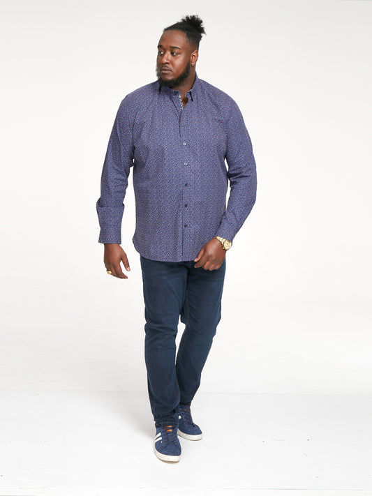 VALENCE -D555 Navy Blue Long Sleeve Print Concealed Button Down Collar Shirt