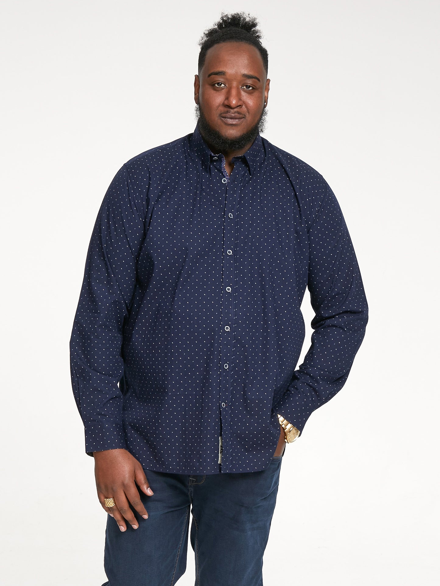 EPPING -D555 Navy Blue Long Sleeve Concealed Button Down Collar Print Shirt