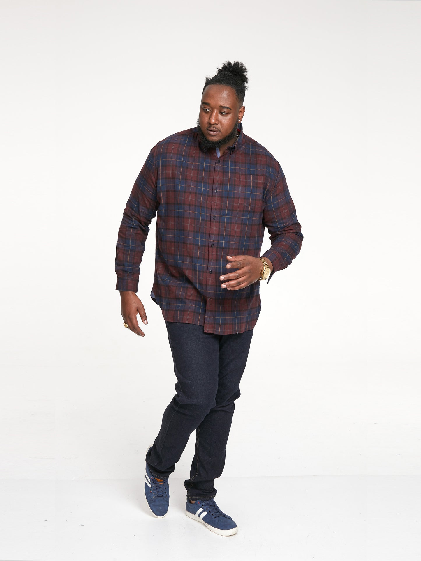 THORNWOOD -D555 Red Flannel Check Long Sleeve Button Down Collar Shirt
