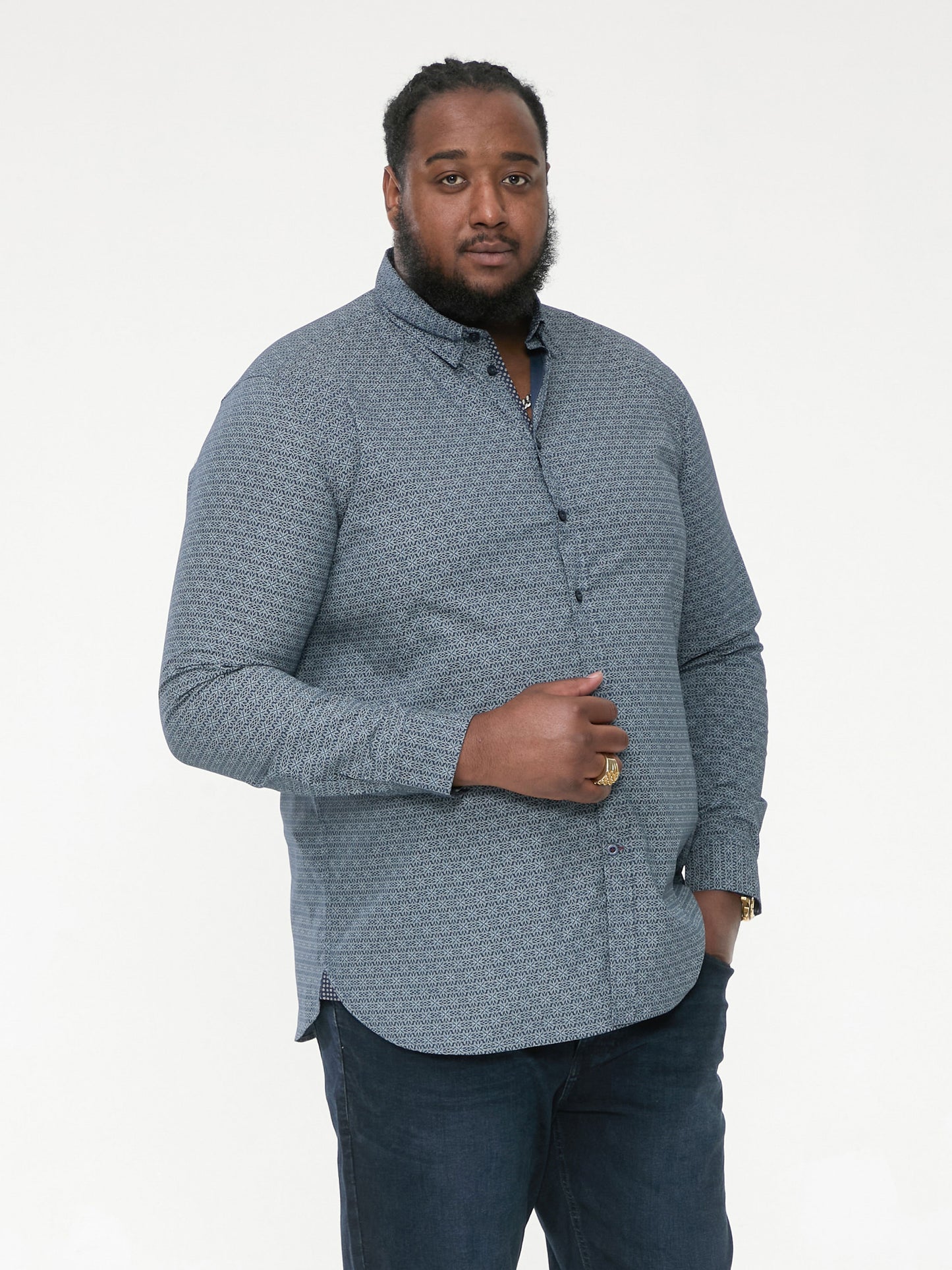 MANGALA -D555 Navy Blue Long Sleeve Geometric Print Shirt
