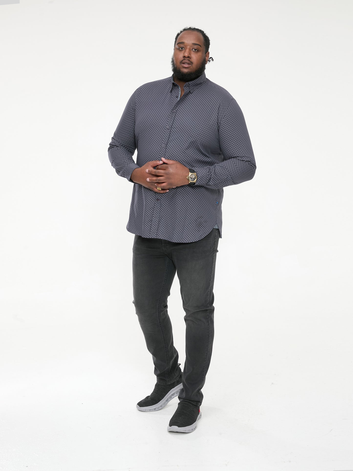 KEATON -D555 Grey Long Sleeve Micro Print Concealed Button Down Collar Shirt