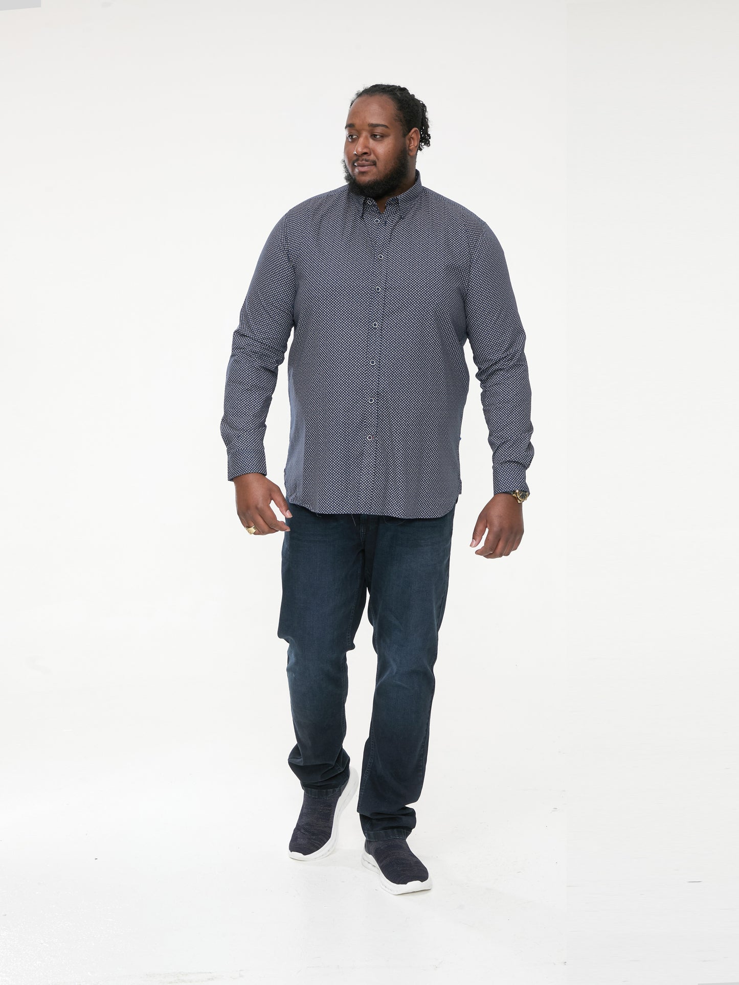MORGAN -D555 Navy Blue Long Sleeve Concealed Button Down Collar Print Shirt