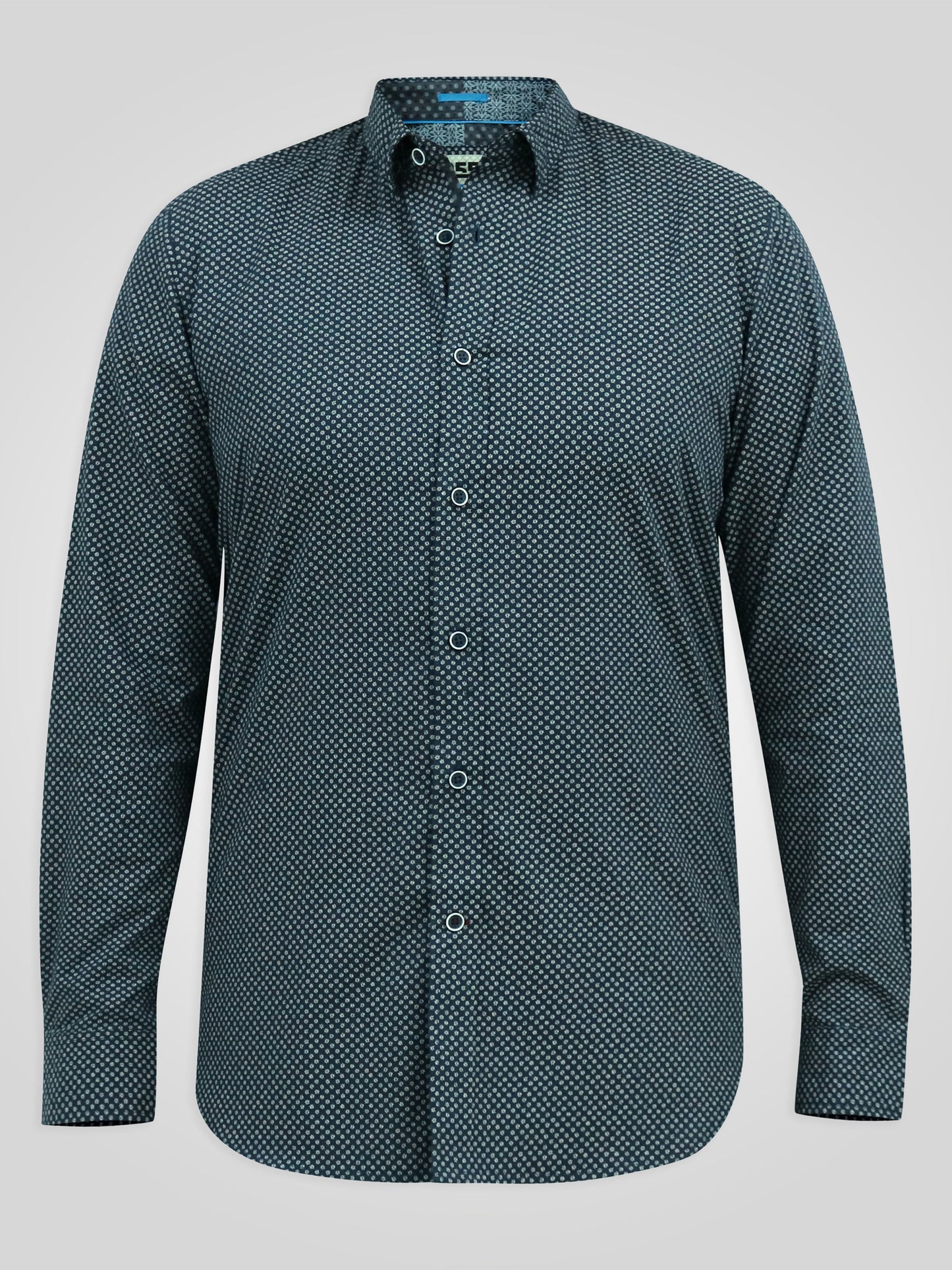 MORGAN -D555 Navy Blue Long Sleeve Concealed Button Down Collar Print Shirt