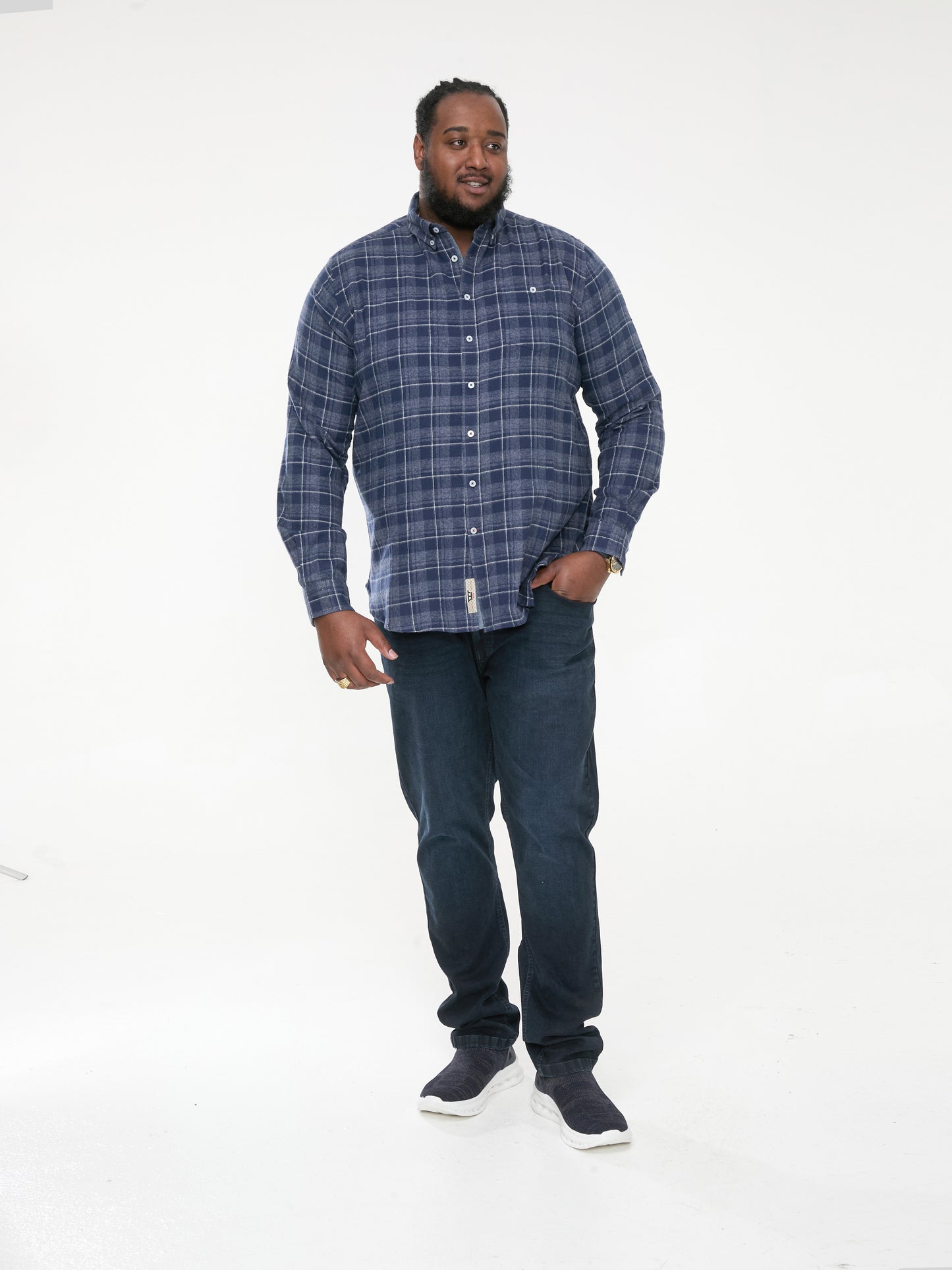 SONNY -D555 Navy Blue Check Long Sleeve Navy Check Shirt with Patch Pocket