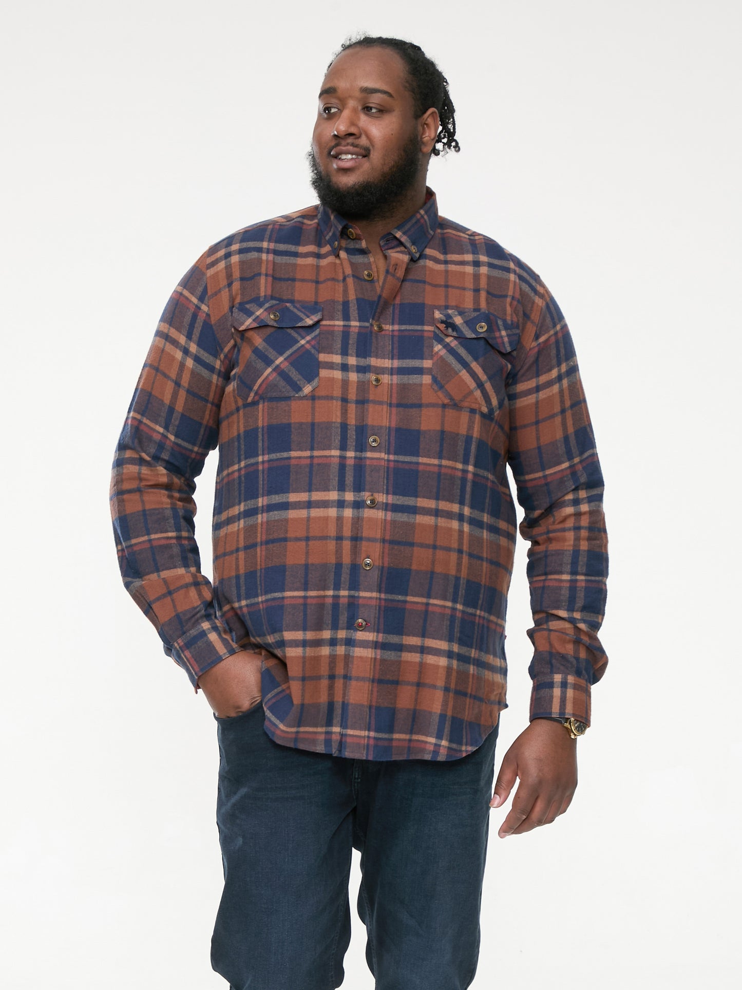 SHERLOCK -D555 Navy Tan Check Long Sleeve Check Overshirt