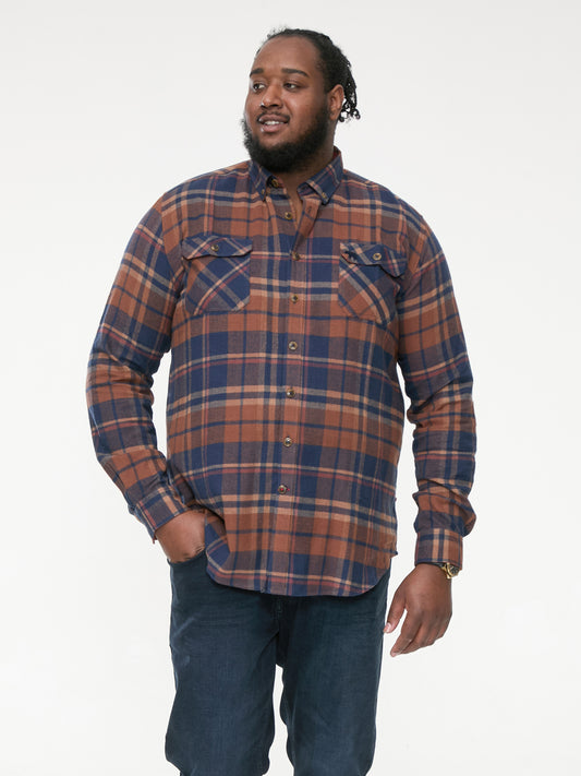 SHERLOCK -D555 Navy Tan Check Long Sleeve Check Overshirt