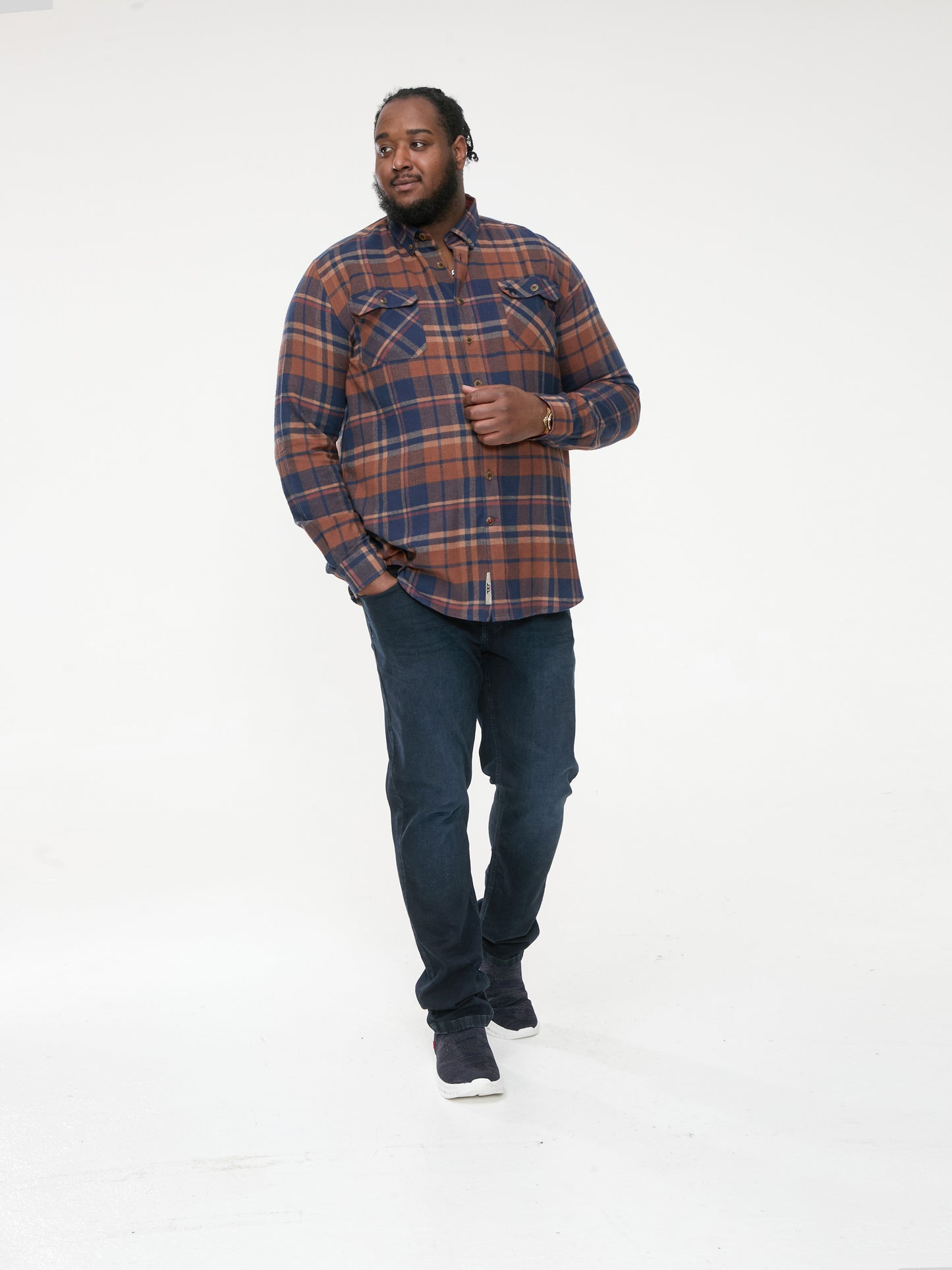 SHERLOCK -D555 Navy Tan Check Long Sleeve Check Overshirt