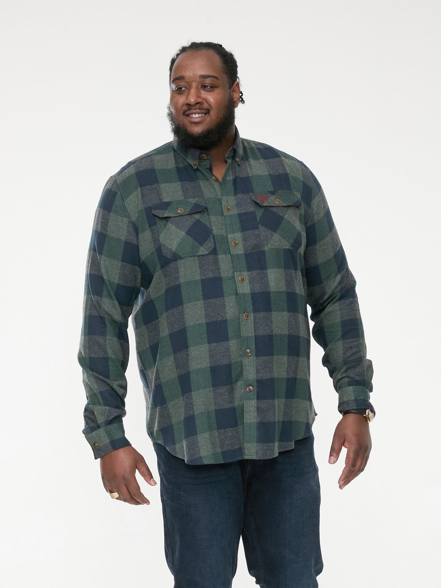 GARFIELD -D555 Navy Green Check Long Sleeve Check Overshirt
