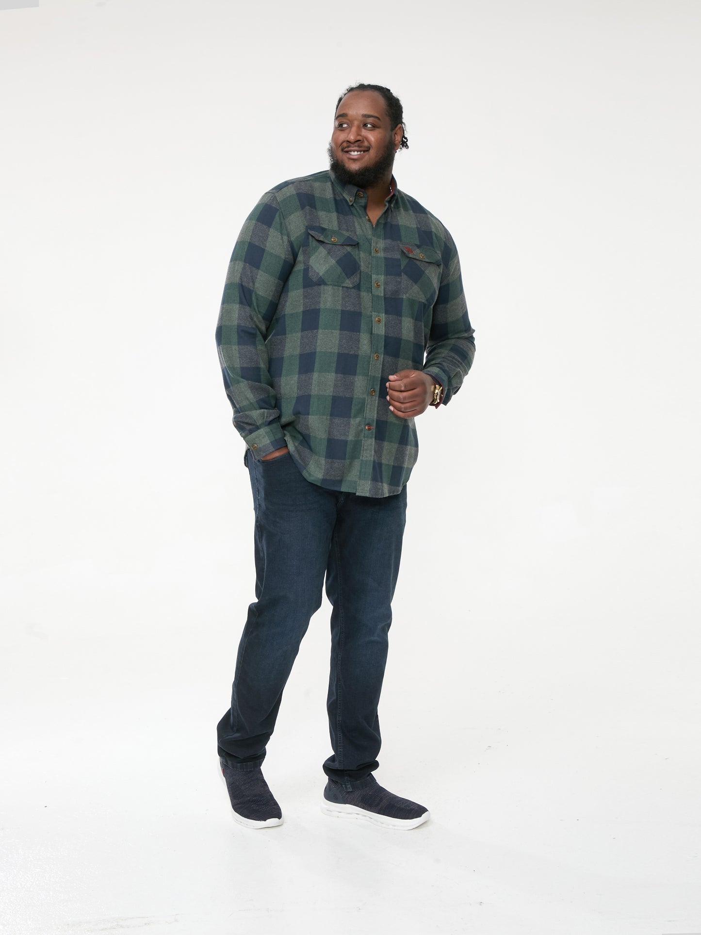 GARFIELD -D555 Navy Green Check Long Sleeve Check Overshirt