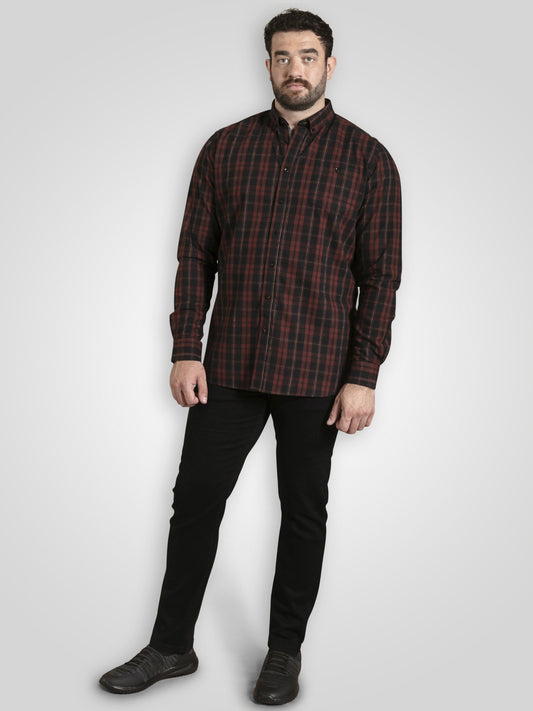 HORSHAM -D555 Burgundy Black Check Long Sleeve Shirt with Chest Patch Pocket