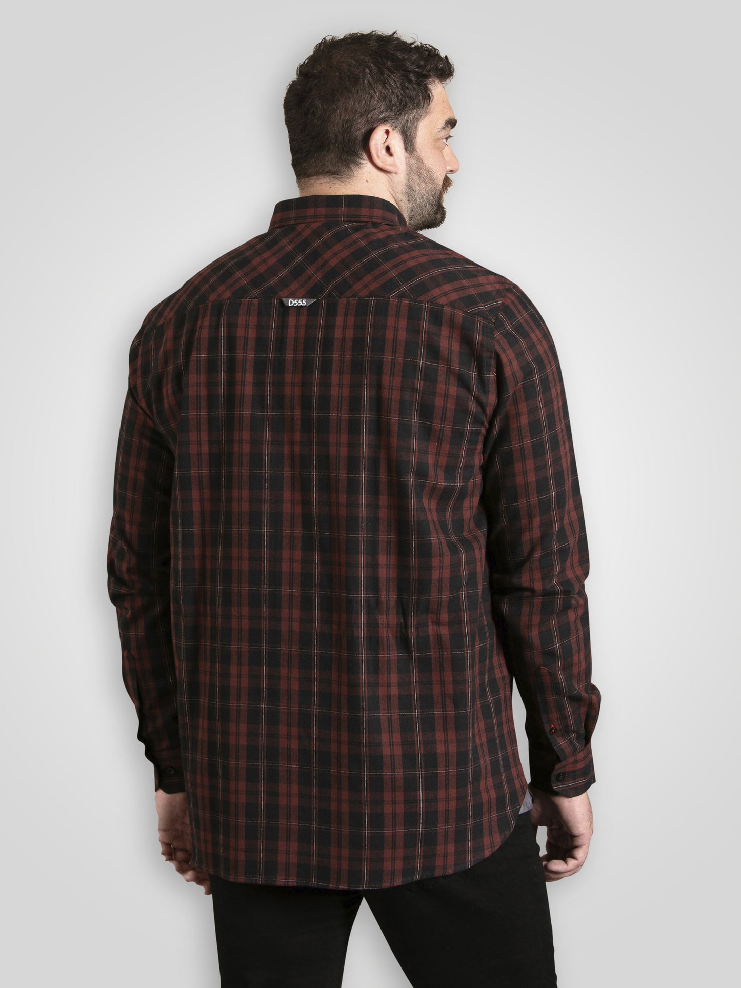 HORSHAM -D555 Burgundy Black Check Long Sleeve Shirt with Chest Patch Pocket