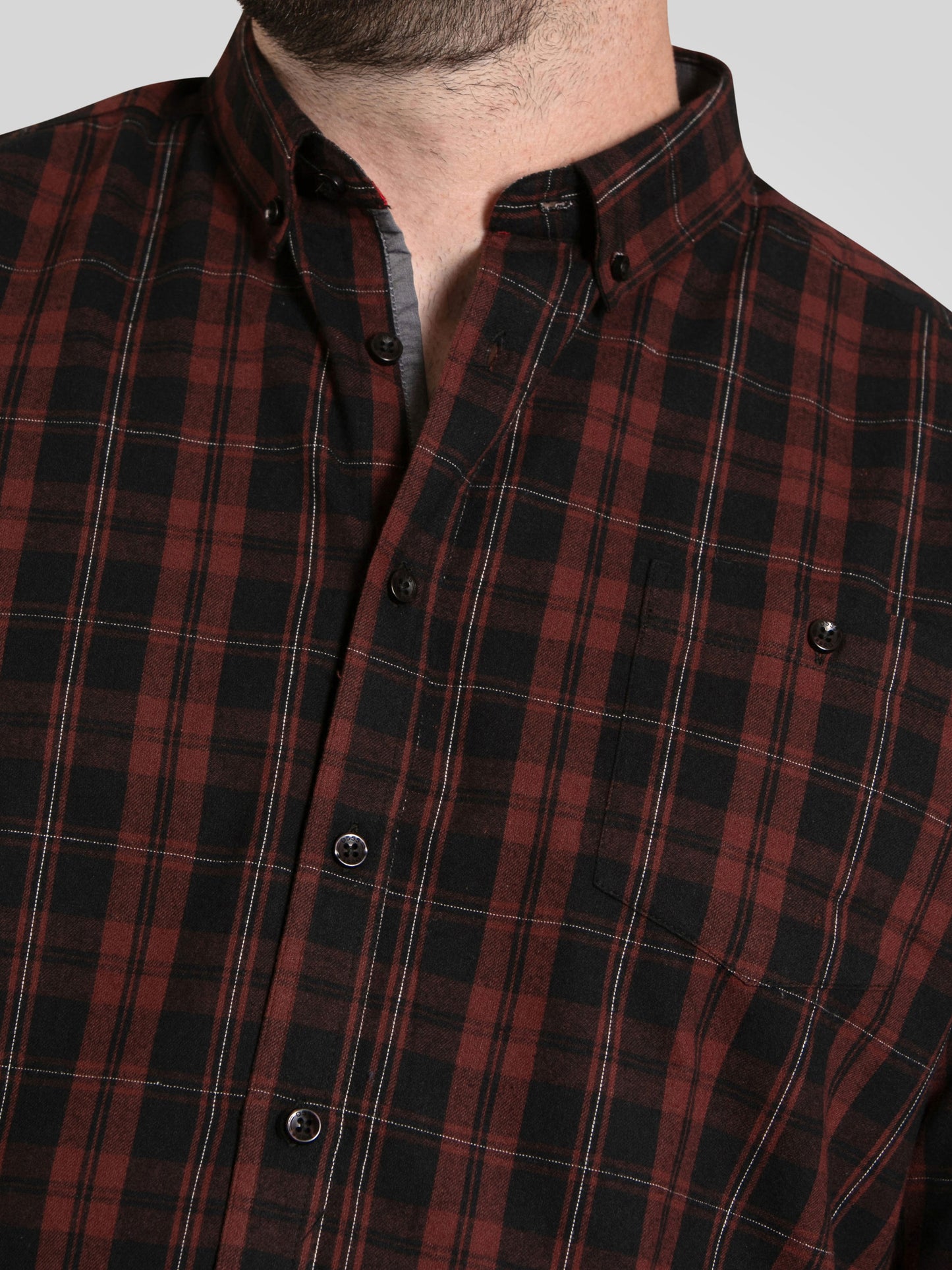 HORSHAM -D555 Burgundy Black Check Long Sleeve Shirt with Chest Patch Pocket