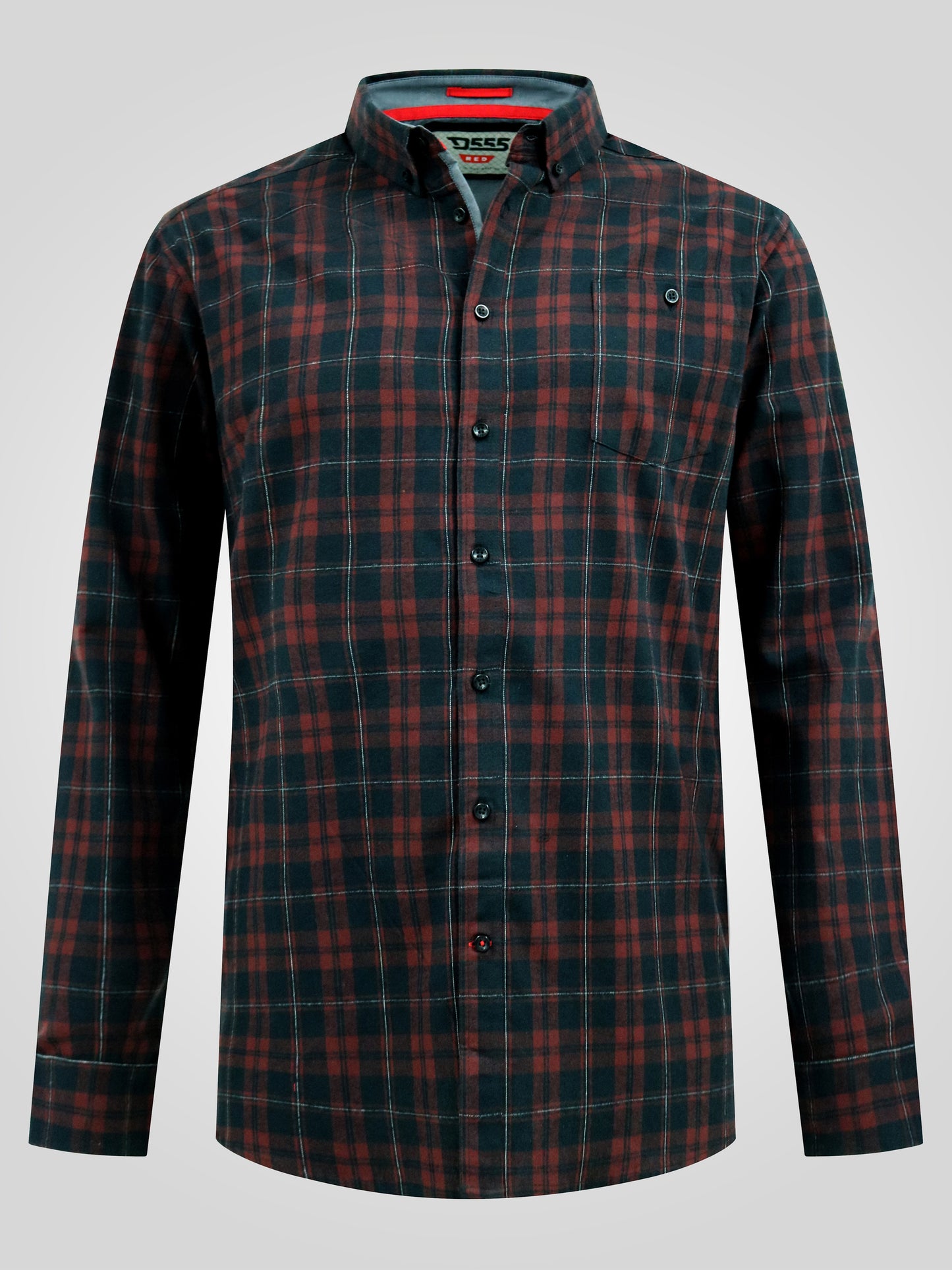 HORSHAM -D555 Burgundy Black Check Long Sleeve Shirt with Chest Patch Pocket