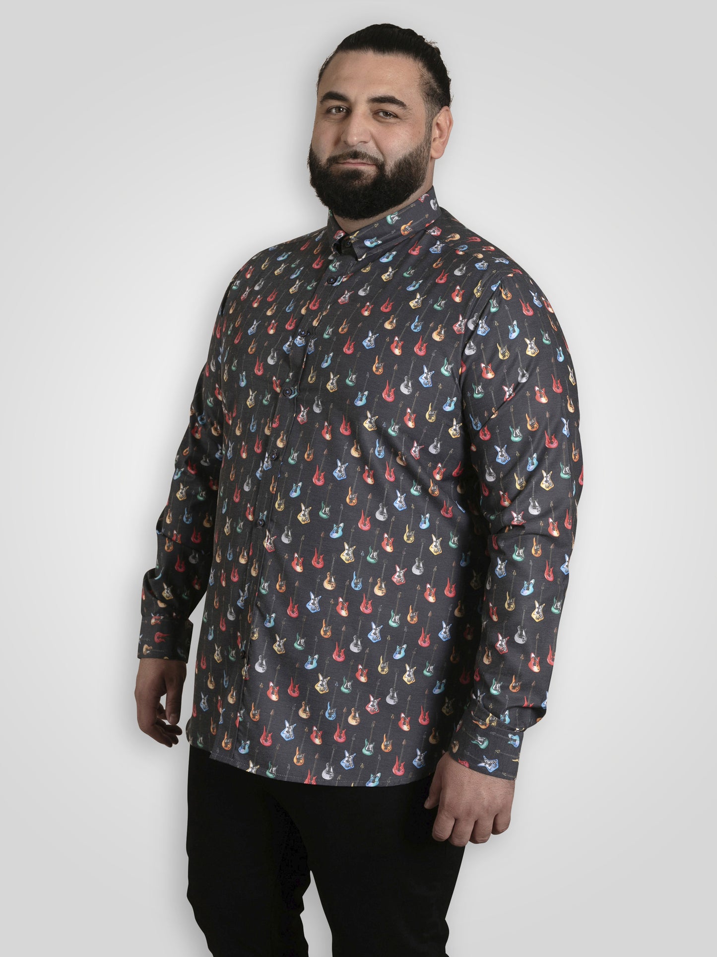 WAKEFIELD -D555 Grey Long Sleeve Guitar Printed Shirt with Chest Patch Pocket
