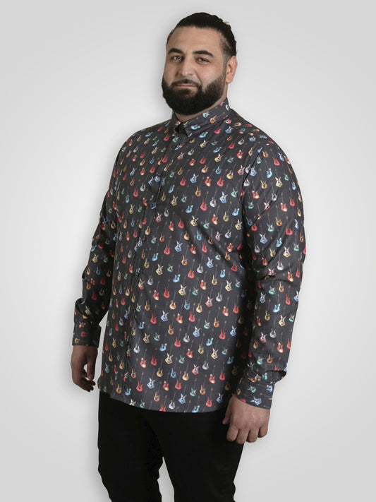 WAKEFIELD -D555 Grey Long Sleeve Guitar Printed Shirt with Chest Patch Pocket