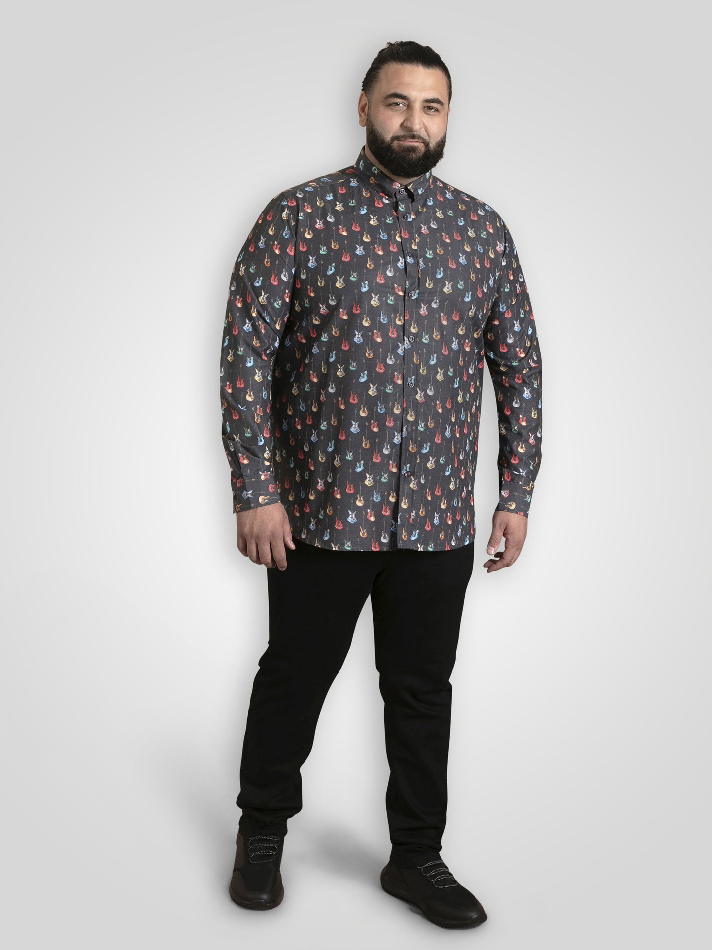 WAKEFIELD -D555 Grey Long Sleeve Guitar Printed Shirt with Chest Patch Pocket
