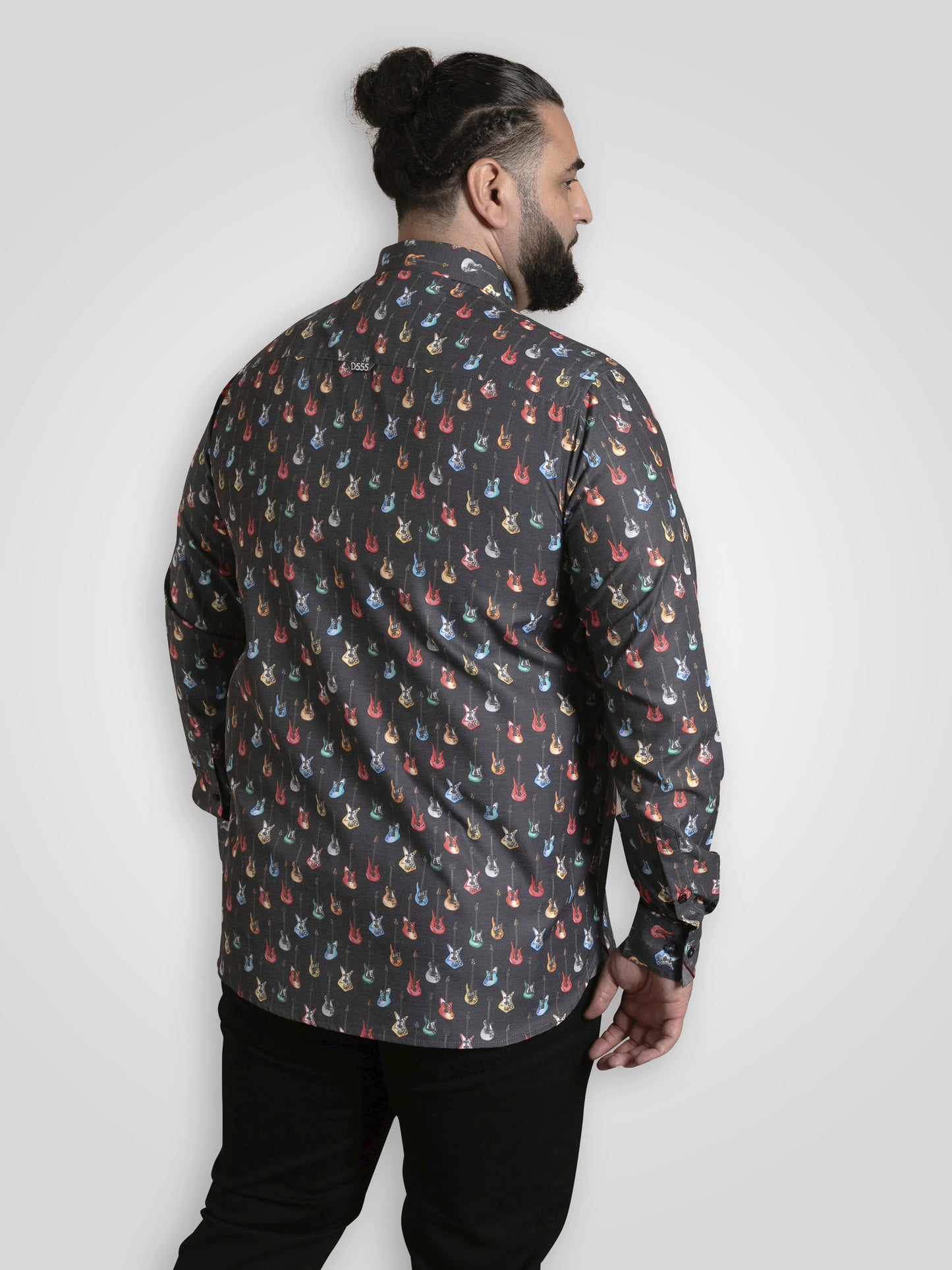 WAKEFIELD -D555 Grey Long Sleeve Guitar Printed Shirt with Chest Patch Pocket