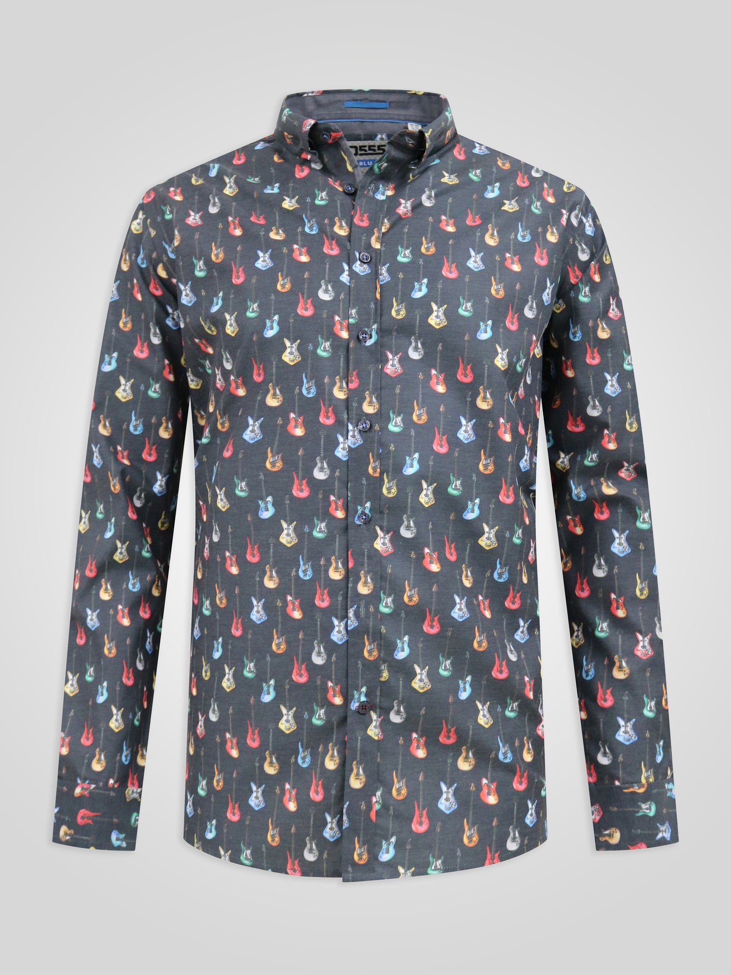 WAKEFIELD -D555 Grey Long Sleeve Guitar Printed Shirt with Chest Patch Pocket