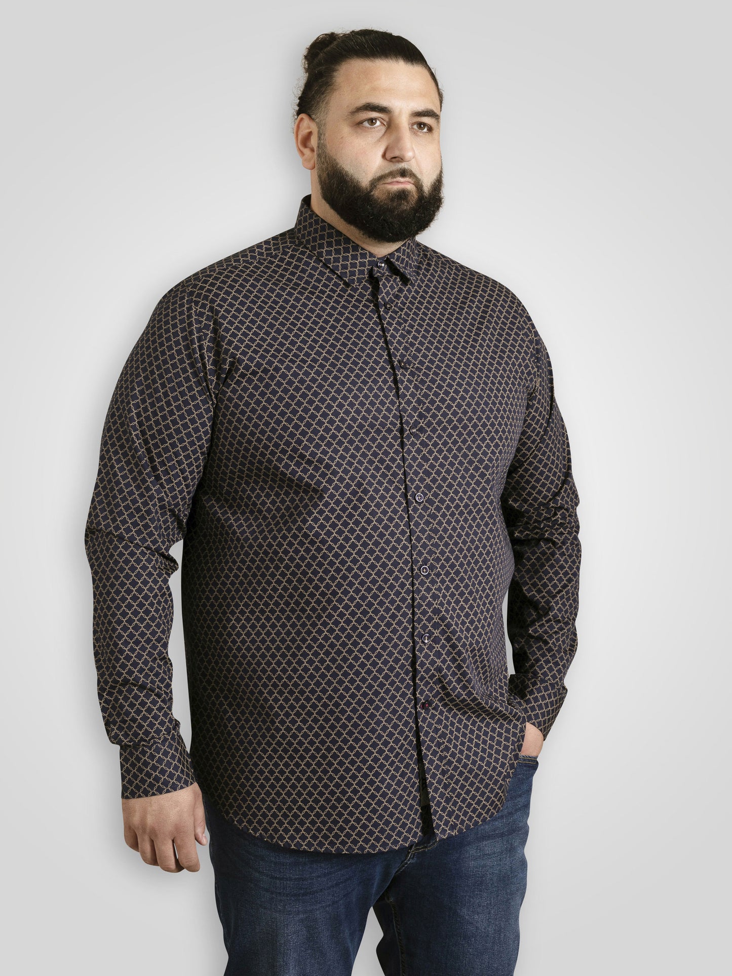 SHEFFIELD -D555 Navy Blue Print Long Sleeve Concealed Button Down Shirt