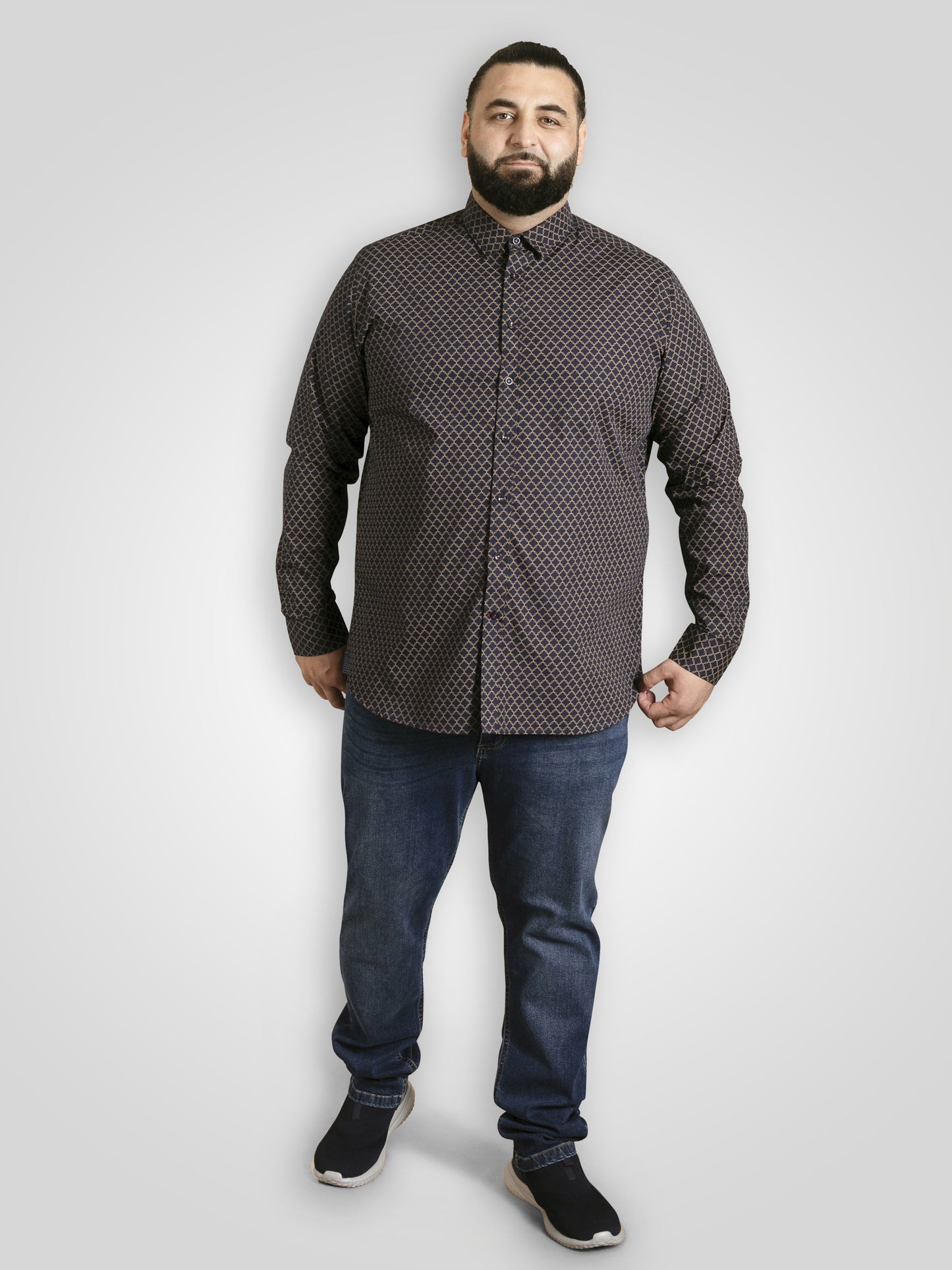 SHEFFIELD -D555 Navy Blue Print Long Sleeve Concealed Button Down Shirt