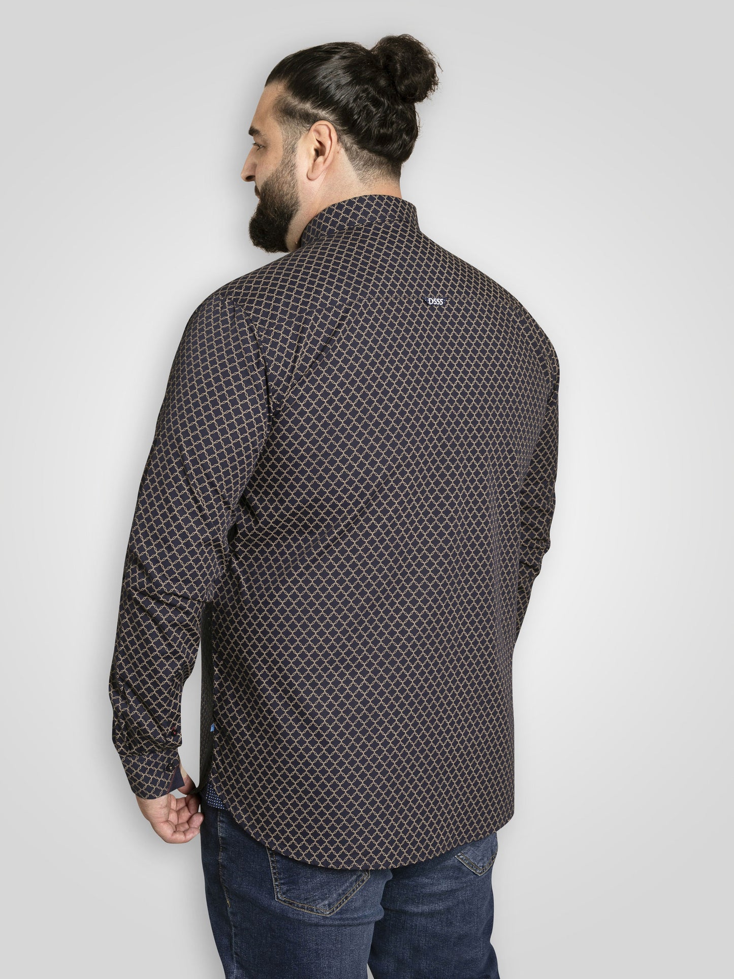 SHEFFIELD -D555 Navy Blue Print Long Sleeve Concealed Button Down Shirt