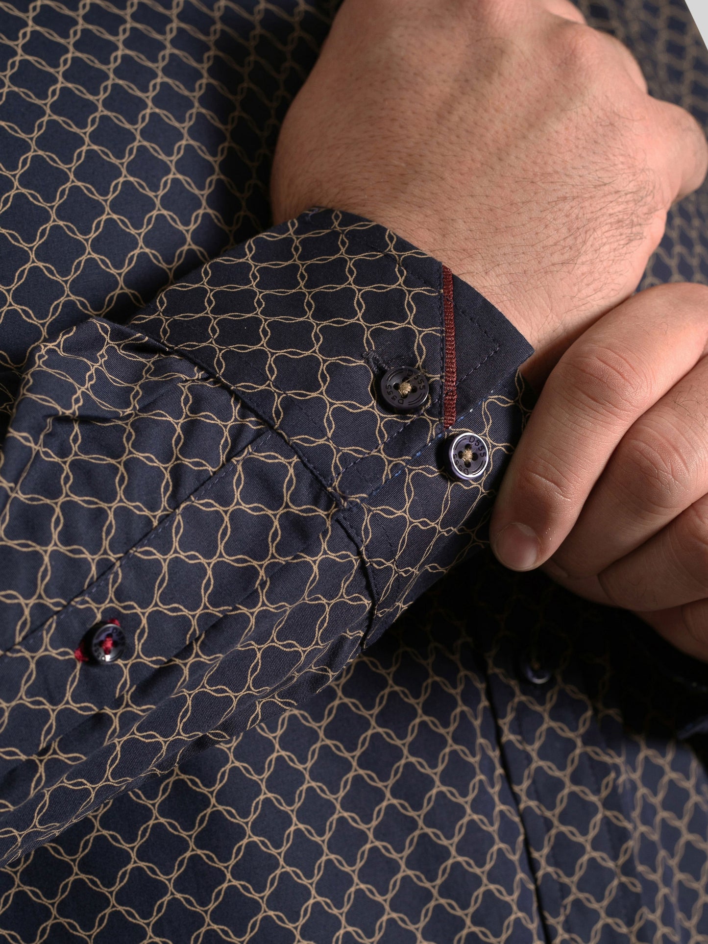 SHEFFIELD -D555 Navy Blue Print Long Sleeve Concealed Button Down Shirt