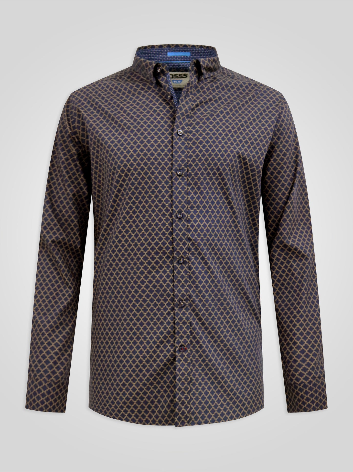 SHEFFIELD -D555 Navy Blue Print Long Sleeve Concealed Button Down Shirt