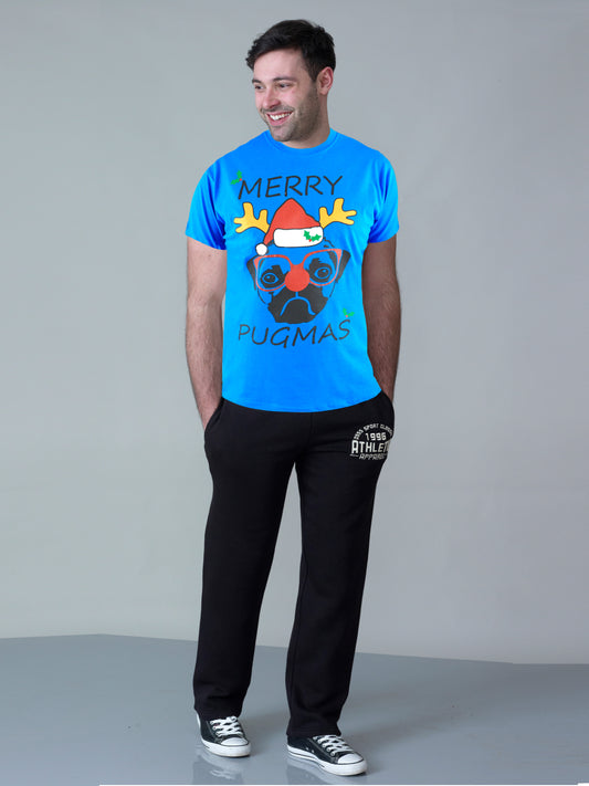 PUG -D555 Royal Blue Christmas Pug T-Shirt Print