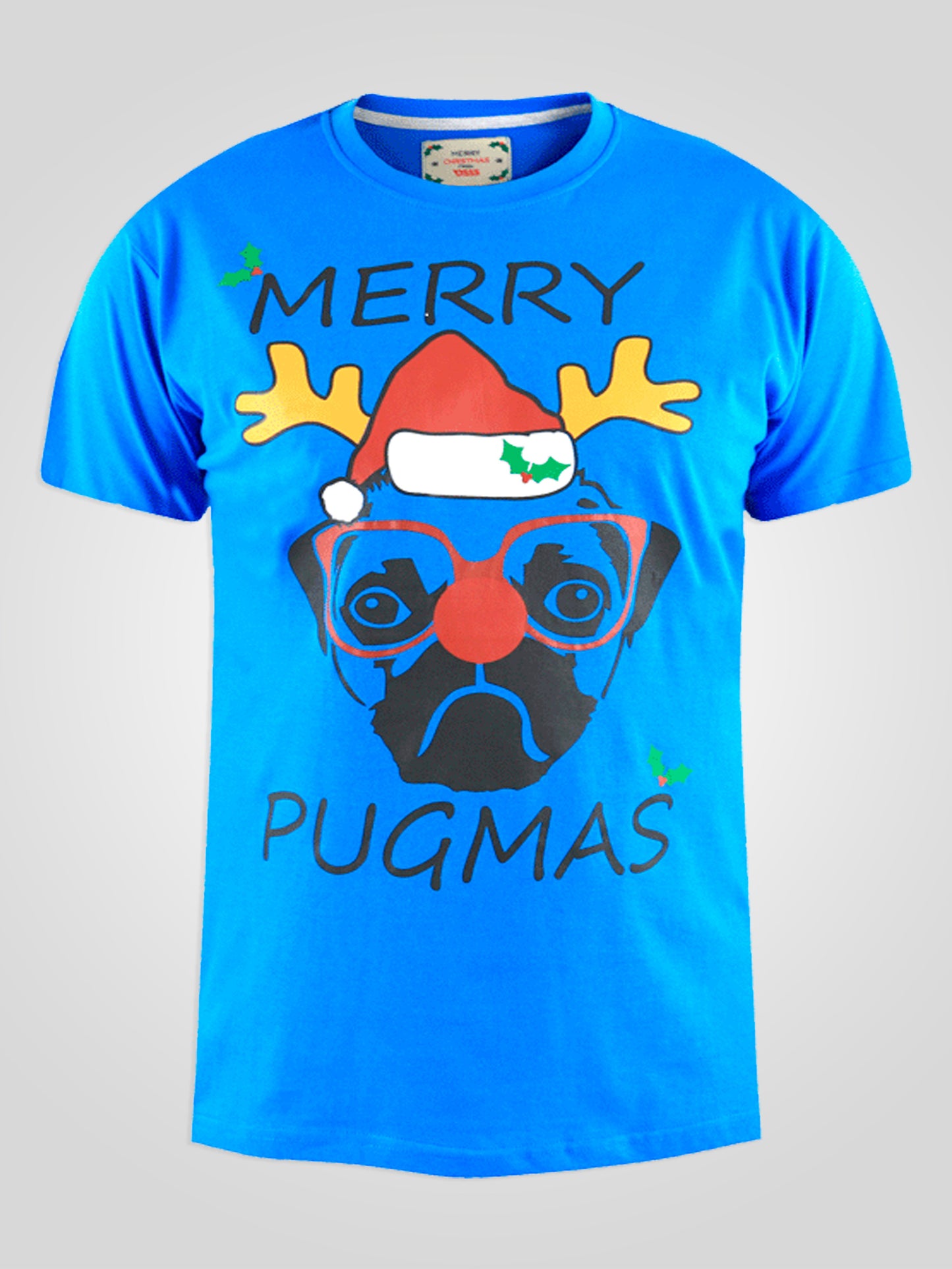 PUG -D555 Royal Blue Christmas Pug T-Shirt Print