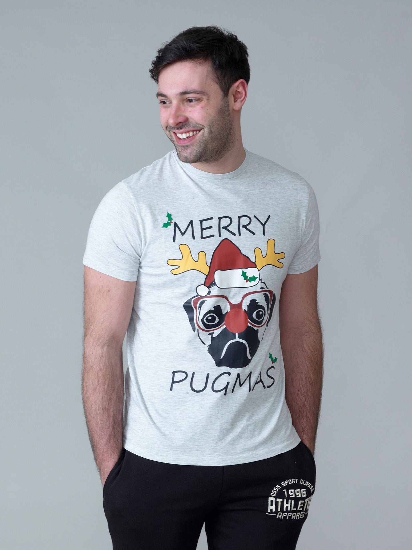 PUG -D555 Off White Marl Christmas Pug T-Shirt Print