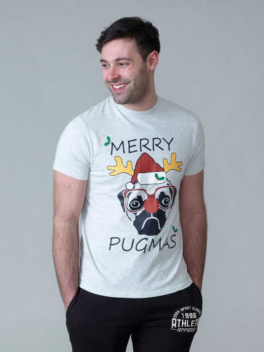 PUG -D555 Off White Marl Christmas Pug T-Shirt Print