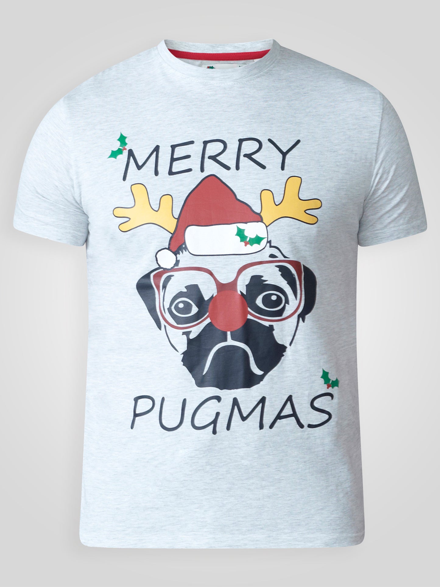 PUG -D555 Off White Marl Christmas Pug T-Shirt Print