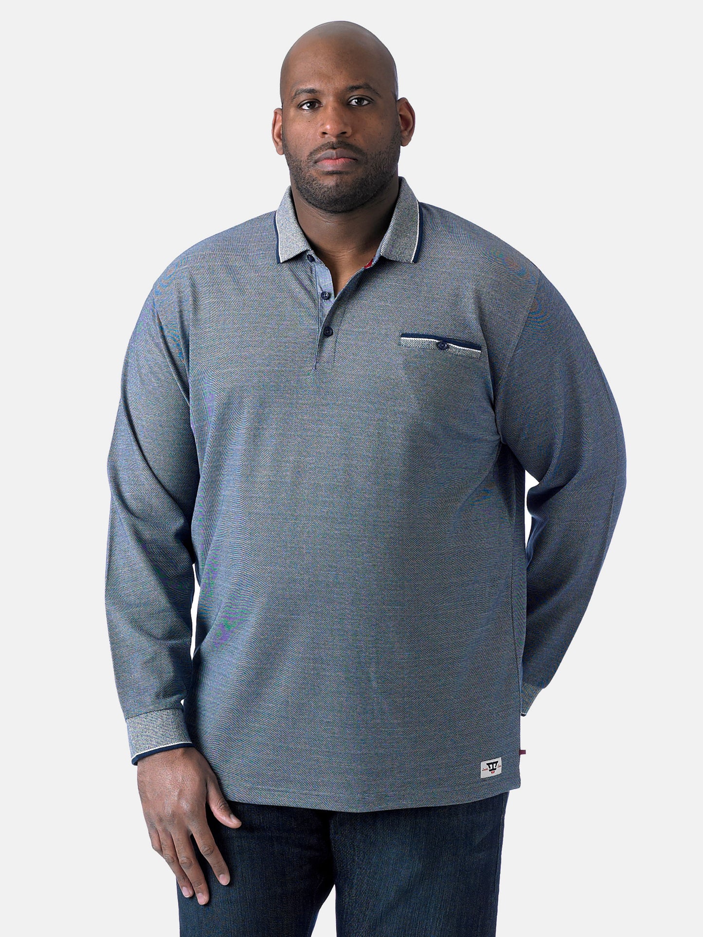 HOWARD -D555 Blue Marl Long Sleeve Polo Shirt with Jacquard Collar and Cuff