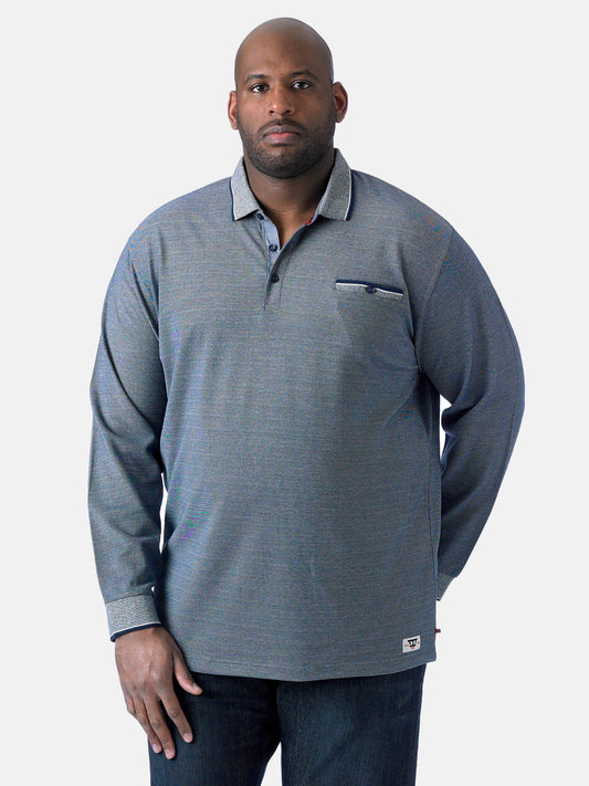 HOWARD -D555 Blue Marl Long Sleeve Polo Shirt with Jacquard Collar and Cuff