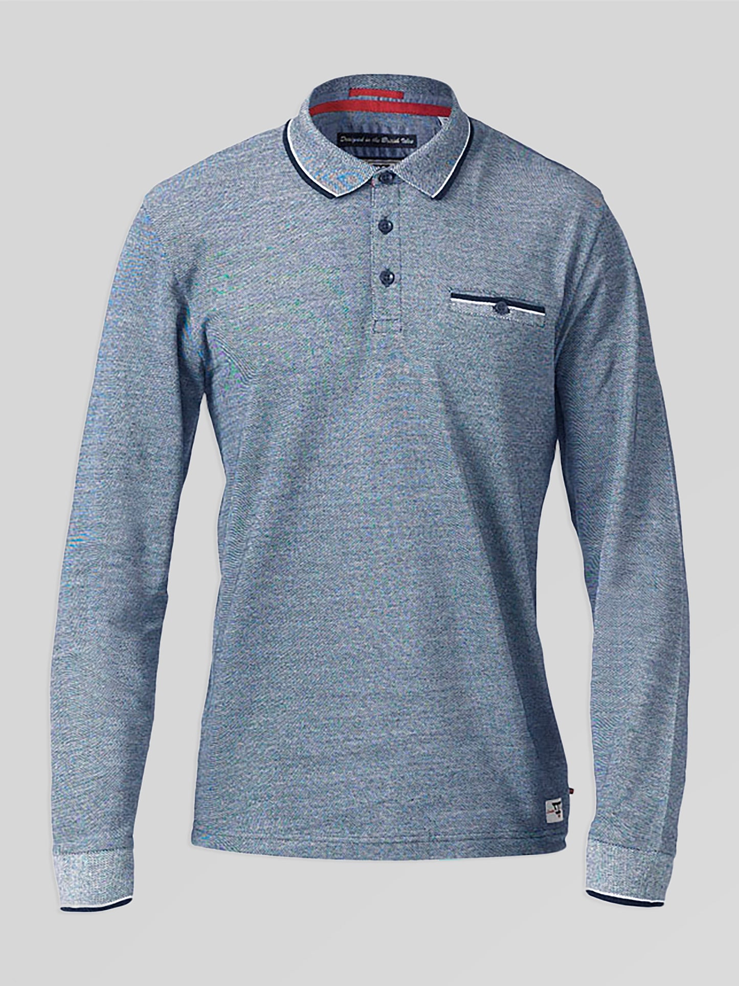 HOWARD -D555 Blue Marl Long Sleeve Polo Shirt with Jacquard Collar and Cuff