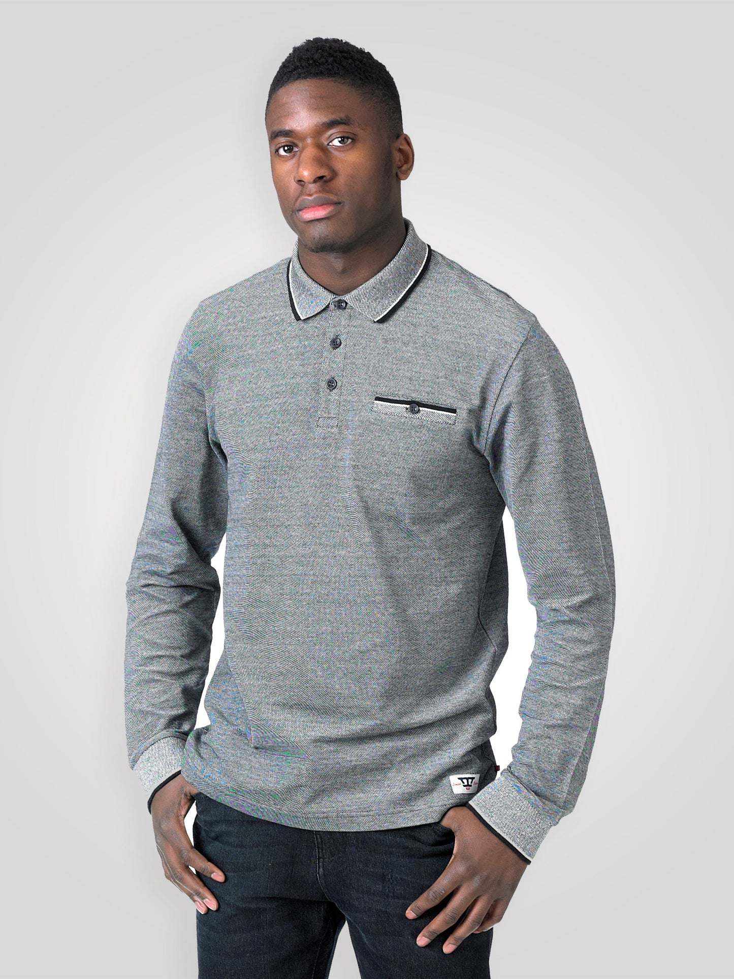HOWARD -D555 Grey Marl Long Sleeve Polo Shirt with Jacquard Collar and Cuff
