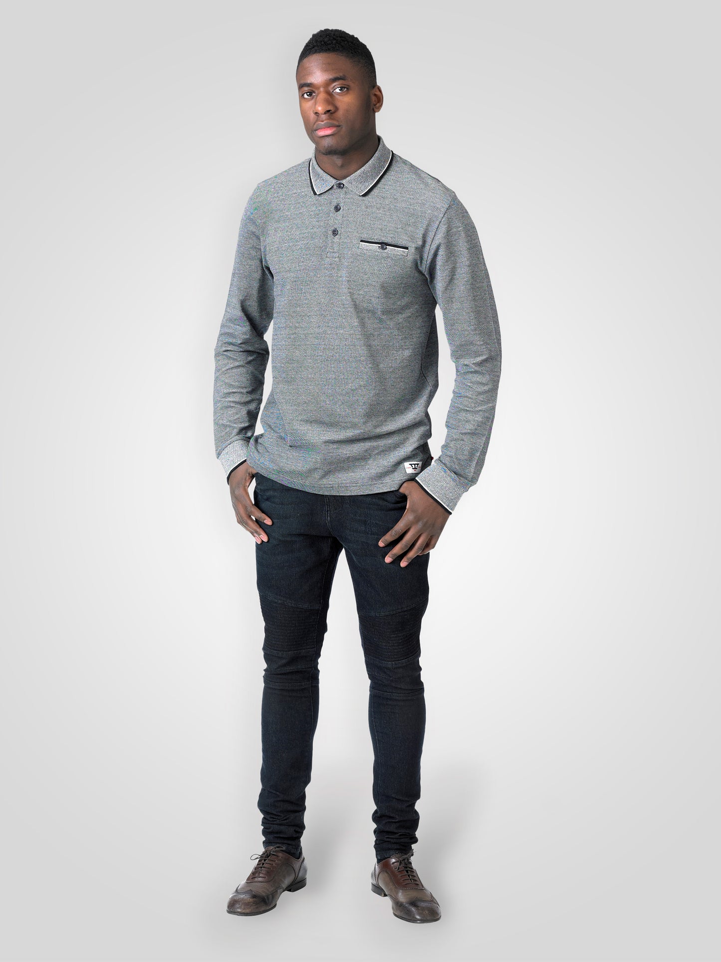 HOWARD -D555 Grey Marl Long Sleeve Polo Shirt with Jacquard Collar and Cuff