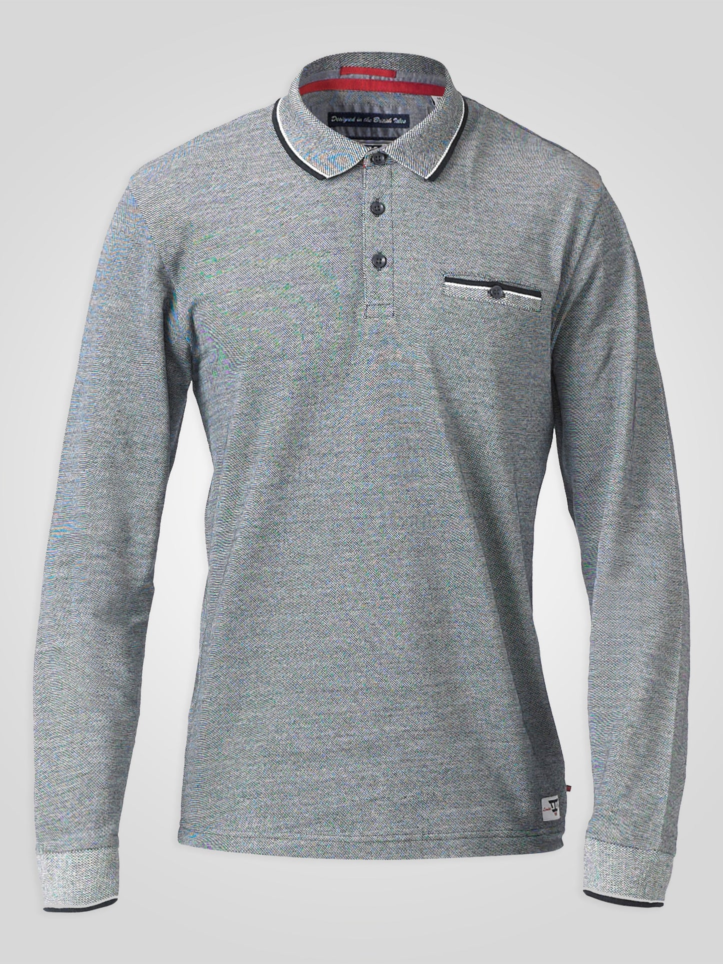HOWARD -D555 Grey Marl Long Sleeve Polo Shirt with Jacquard Collar and Cuff