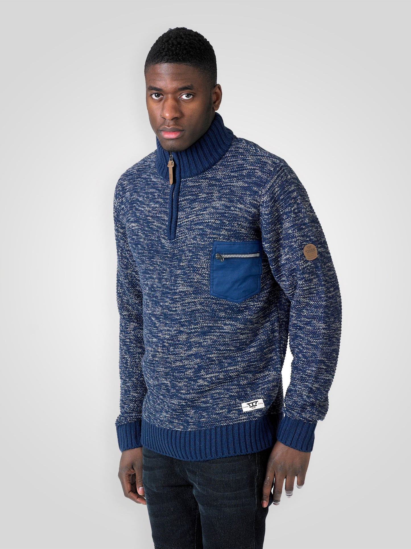 REMINGTON -D555 Navy Charcoal Twist Zipper Neck Sweater with Woven Pocket