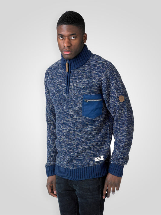 REMINGTON -D555 Navy Charcoal Twist Zipper Neck Sweater with Woven Pocket