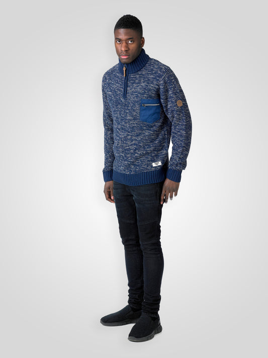 REMINGTON -D555 Navy Charcoal Twist Zipper Neck Sweater with Woven Pocket